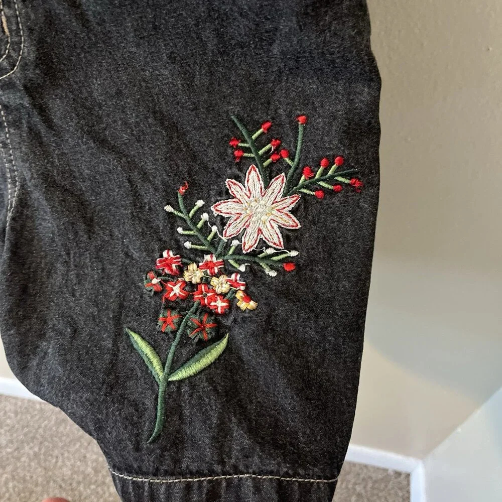 Vtg Denim Overall Shorts Black Grey Embroidered Y2K Kid Core Grunge‎ Goth 90s